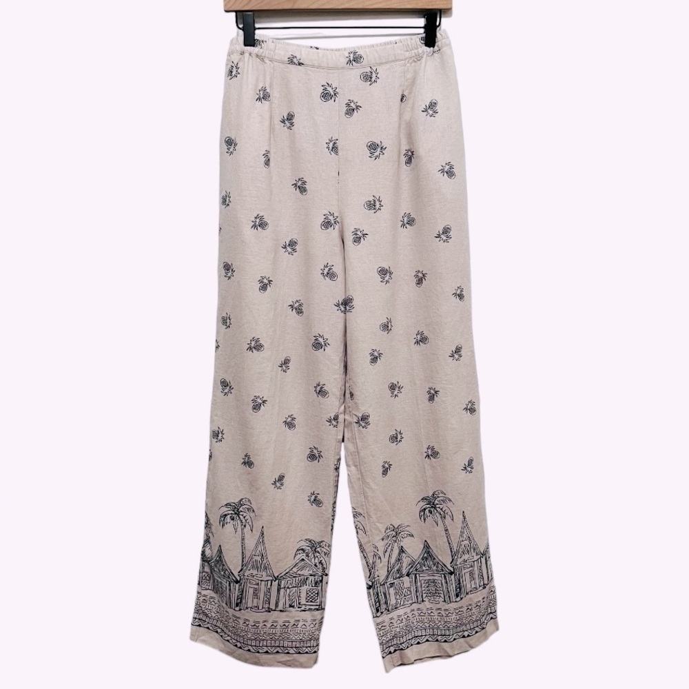 COLDWATER CREEK Linen Tropical Pineapple Print Pull On Wide Leg Pants, size S